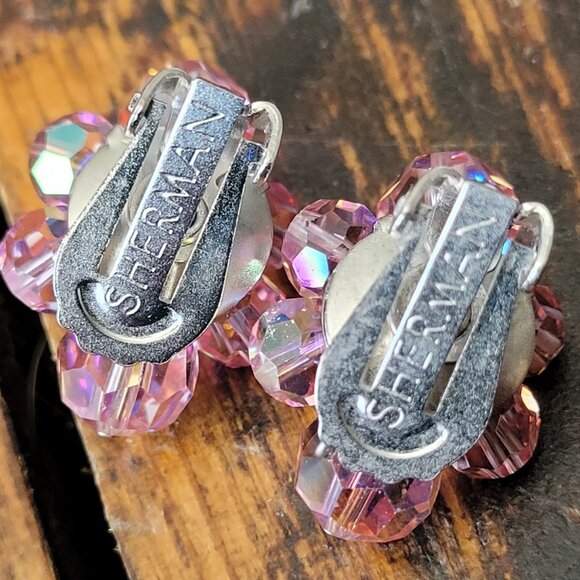 Signed Sherman Beaded Pink Swarovski Crystal Beads AB Aurora Borealis  Clip on E - Picture 3 of 3